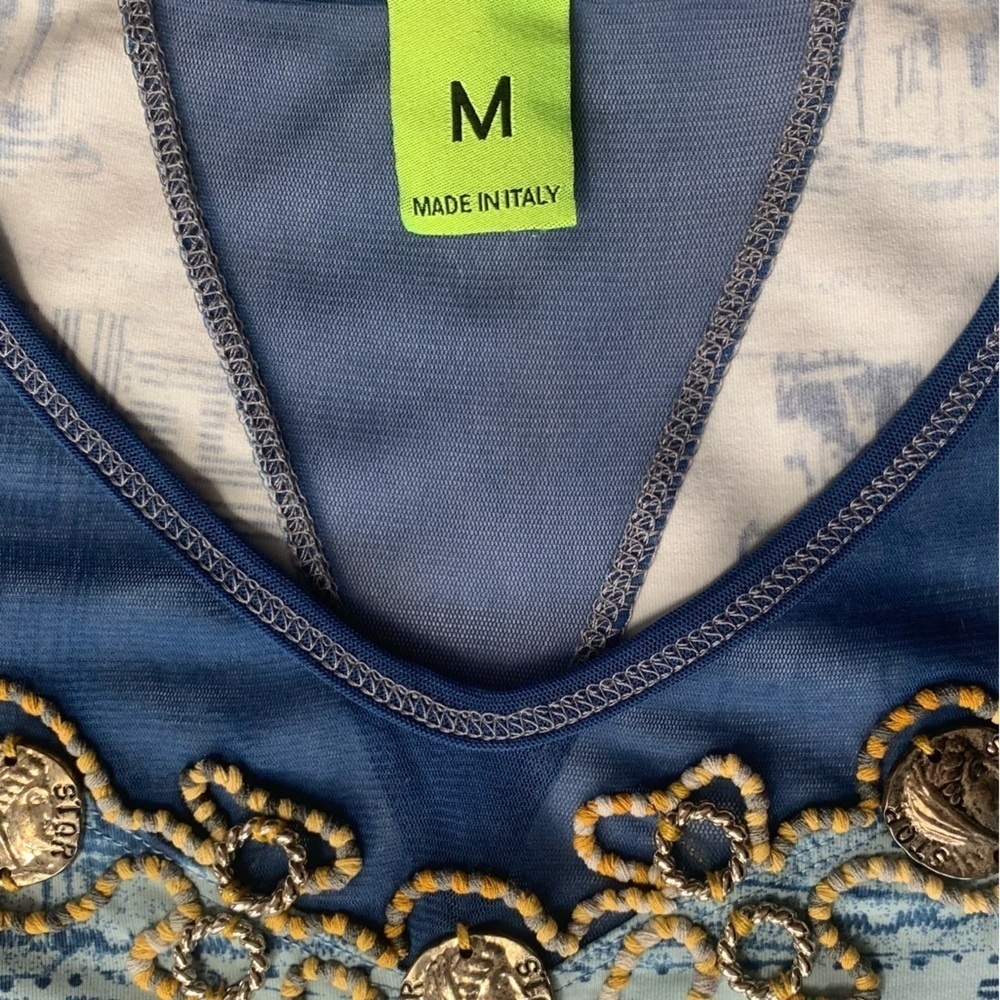 Save the Queen Vintage Graphic Top Sheer Panels Embellished 3/4 Sleeves Blues MS - Picture 14 of 16